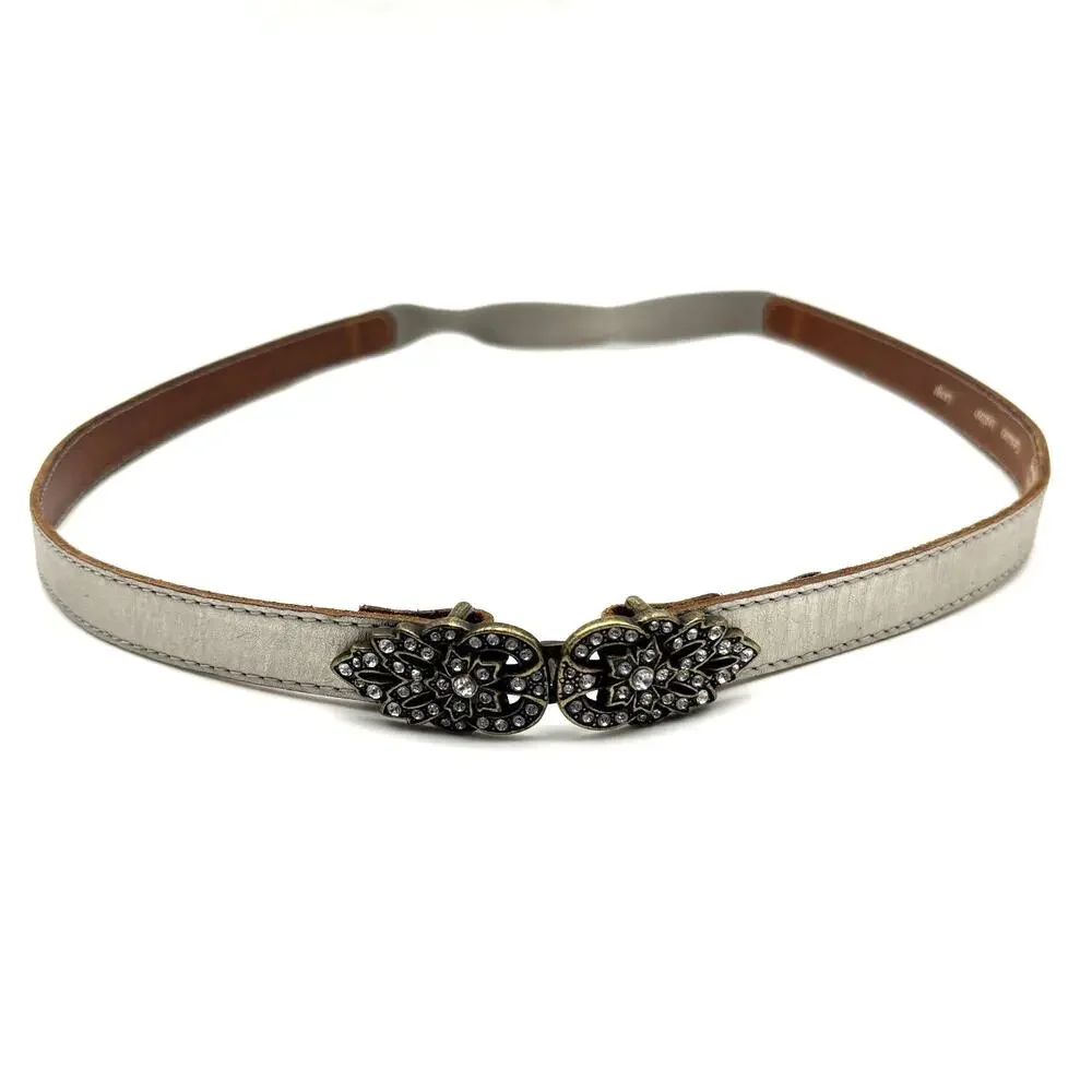 Y2K Fossil Silver Leather Brass Rhinestone Buckle Stretch Waist Belt L 36-38